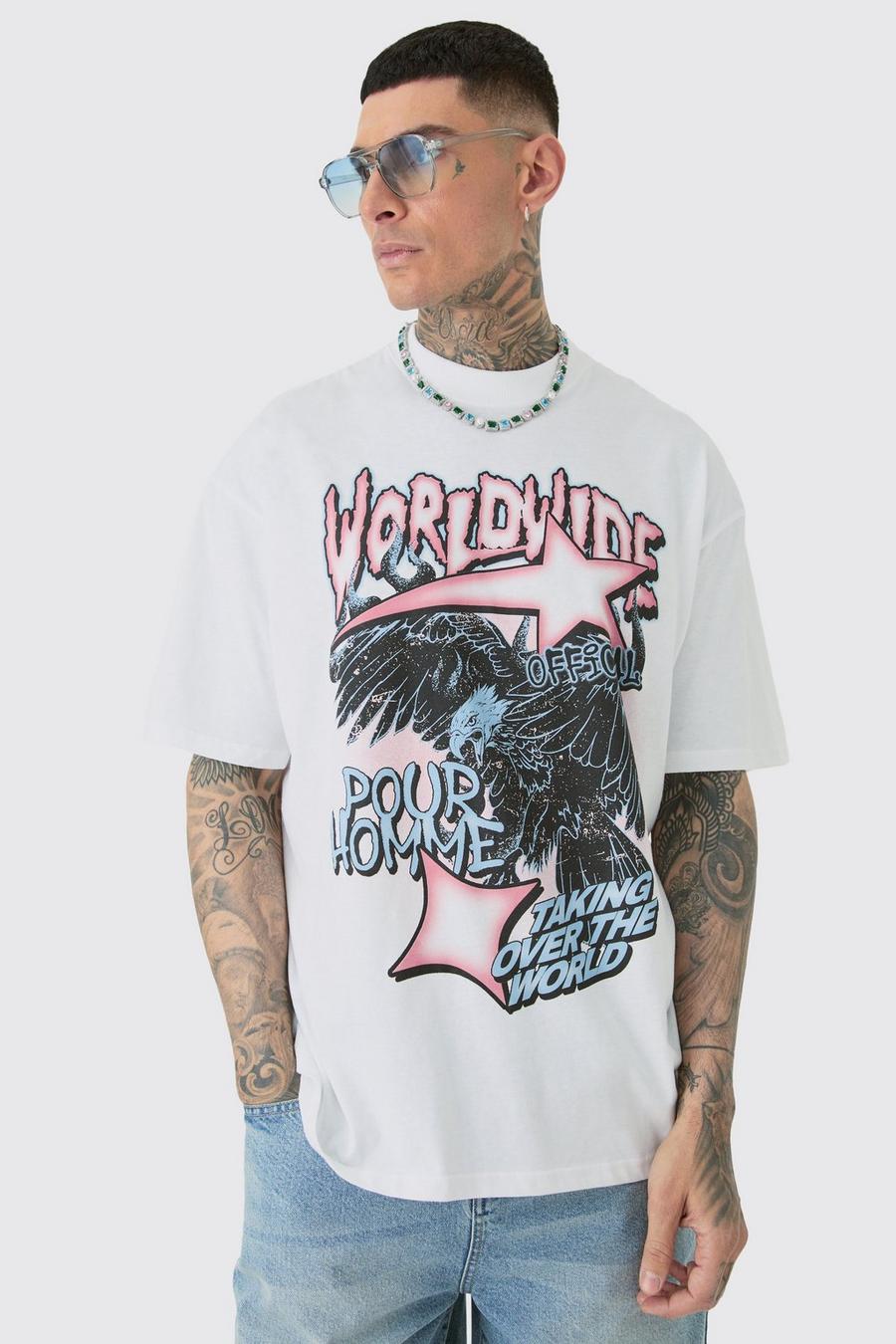 White Tall Oversized Worldwide Eagle T-Shirt In Wit image number 1