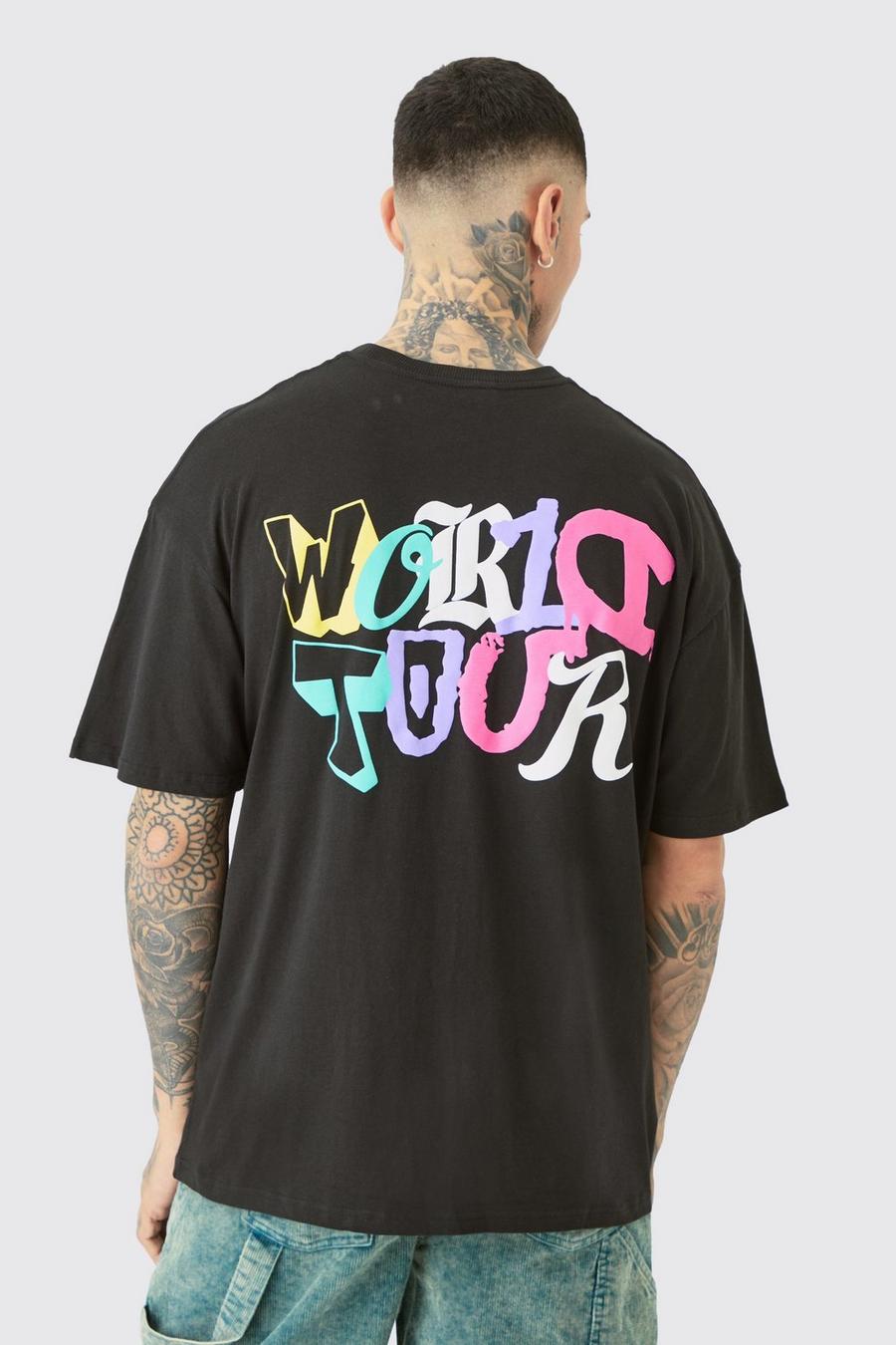 Tall Oversized World Tour Puff Back Print T-shirt In Black image number 1