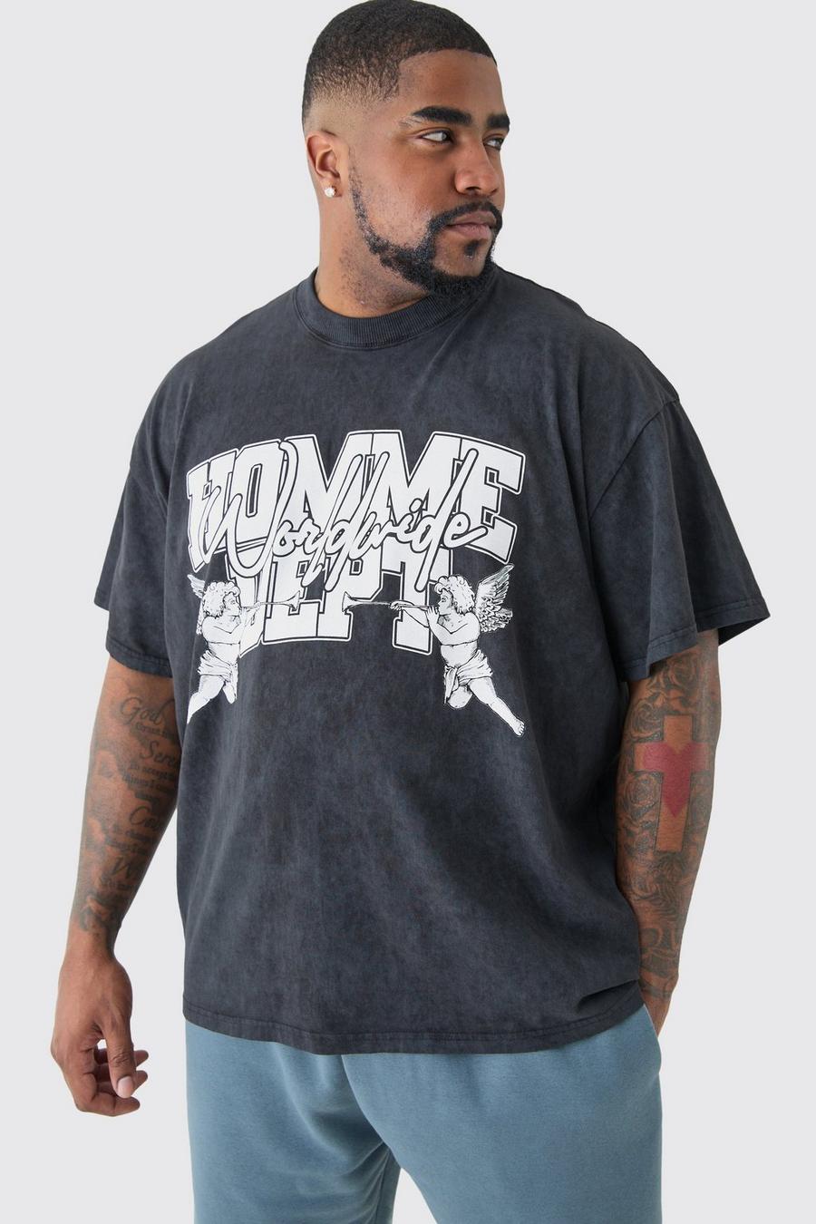 Plus Oversize T-Shirt mit Homme Dept Print und Acid-Waschung, Grey image number 1