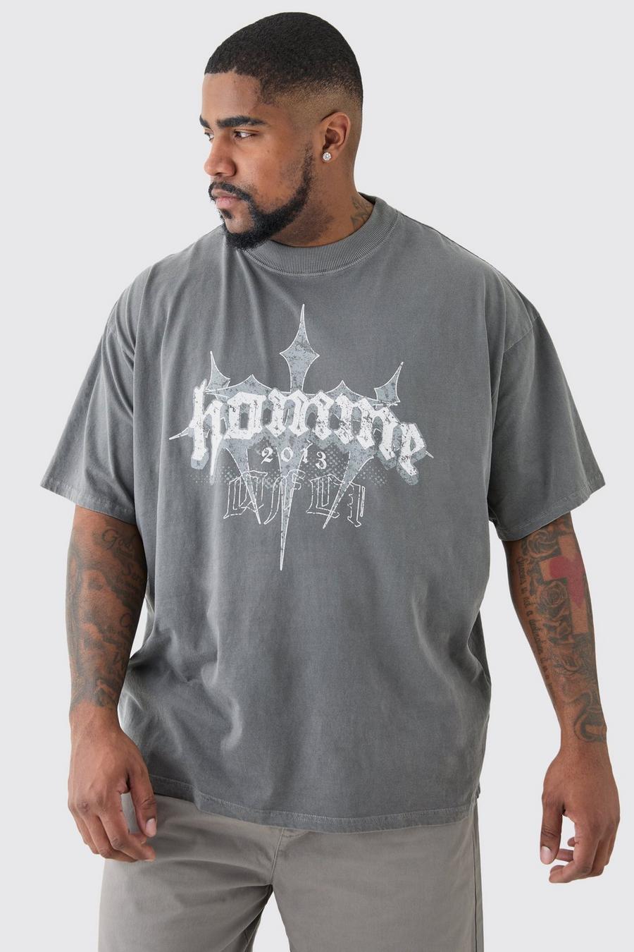 Plus Oversize T-Shirt mit Homme-Print in Grau, Grey