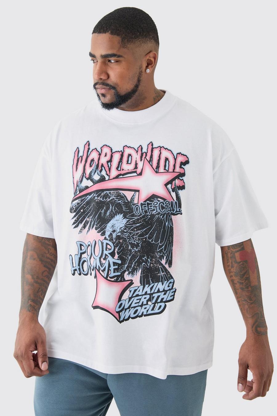 Plus Oversized Worldwide Eagle Print T-shirt In White image number 1