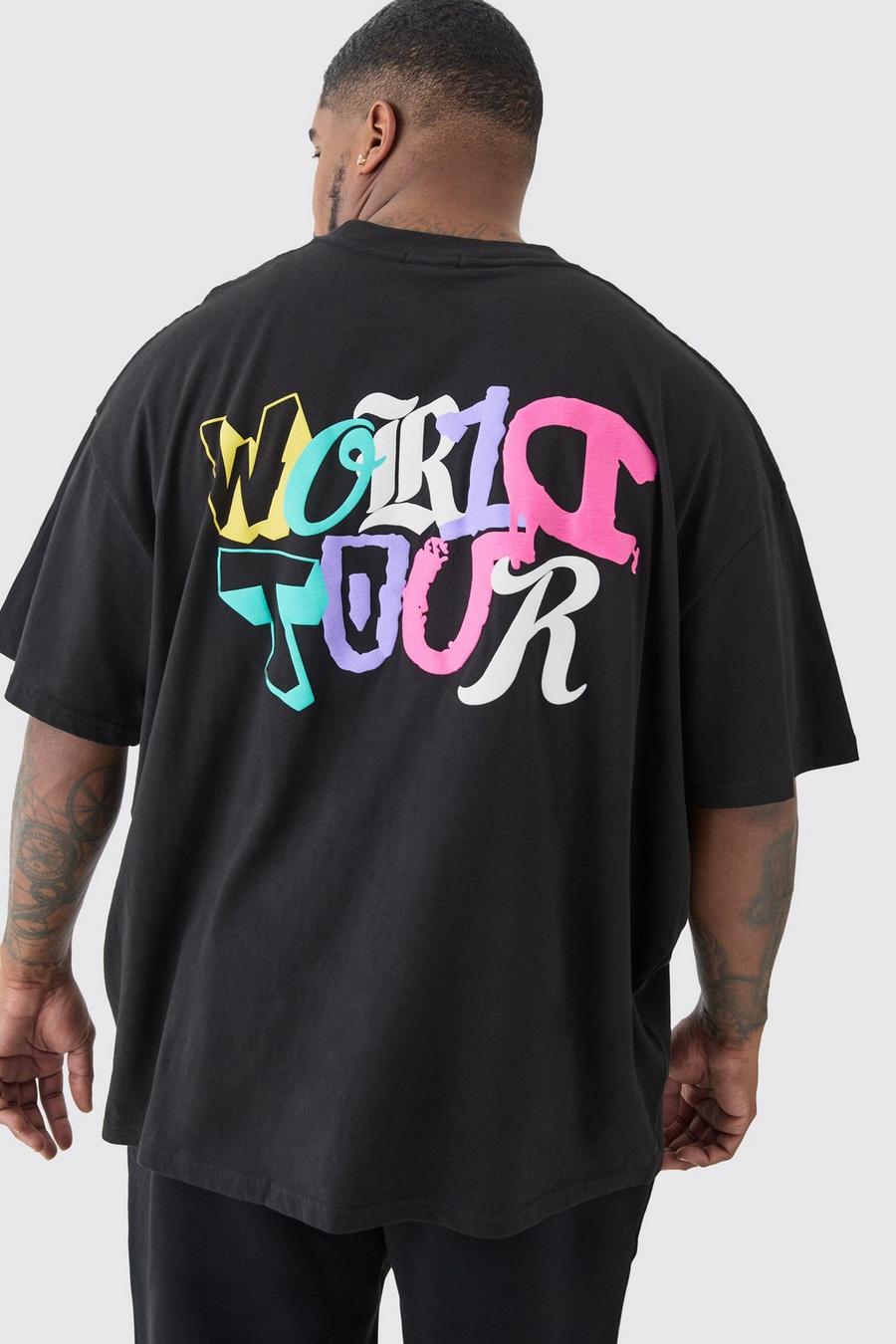 T-shirt Plus Size oversize nera con stampa World Tour a caratteri arrotondati, Black