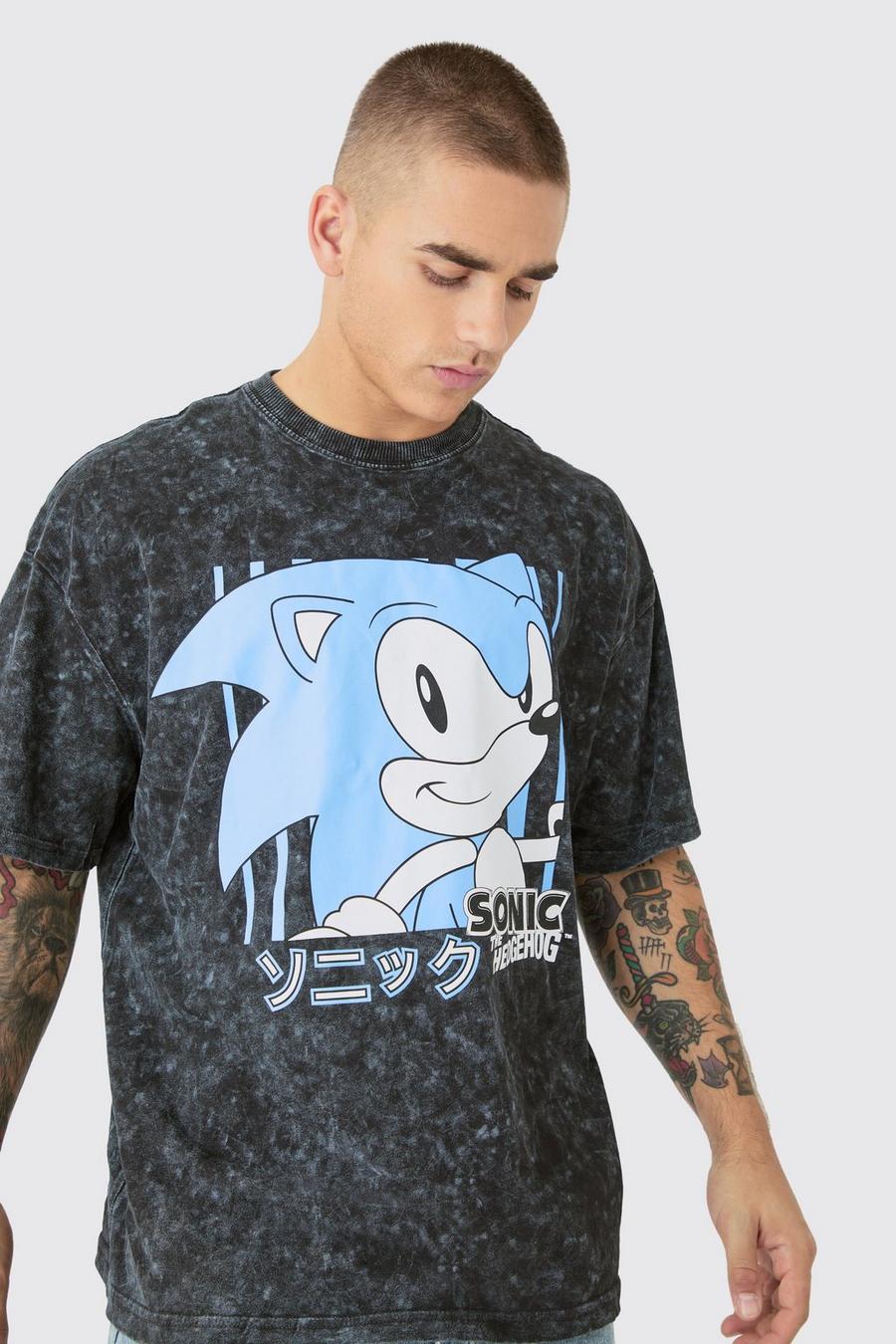 Charcoal Oversized Sonic Anime Snow Wash License T-shirt image number 1