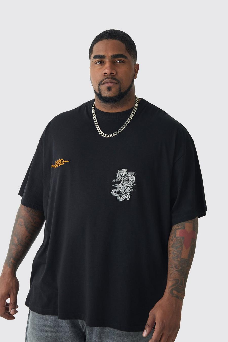 Black Plus Oversized Dragon Embroidered T-shirt image number 1