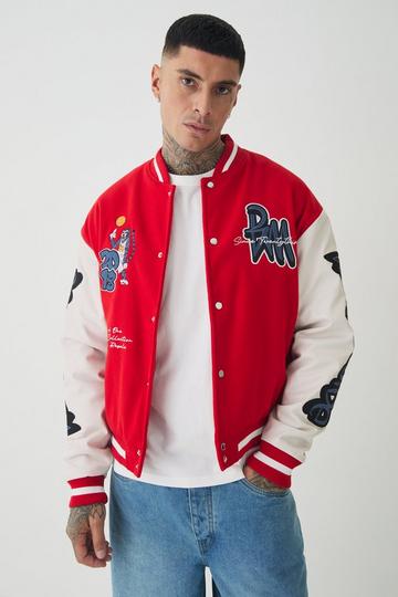 Red Tall Boxy Worldwide Tiger Badge Varsity Jacket In Red