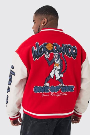 Red Plus Boxy Worldwide Tiger Badge Varsity Jacket In Red