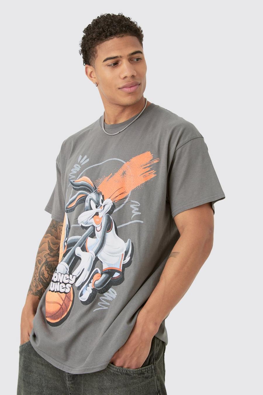 Charcoal Oversized Looney Tunes Basketball License Wash Print T-shirt