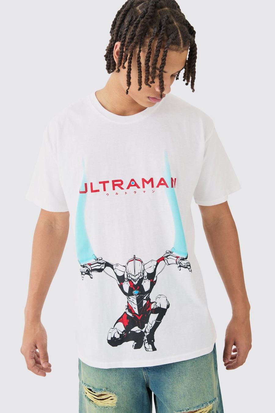 White Ultraman Anime T-shirt med ledig passform image number 1