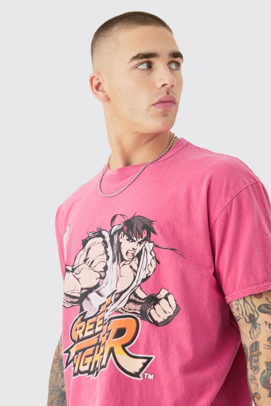 T-shirt oversize délavé à imprimé Street Fighter, Red