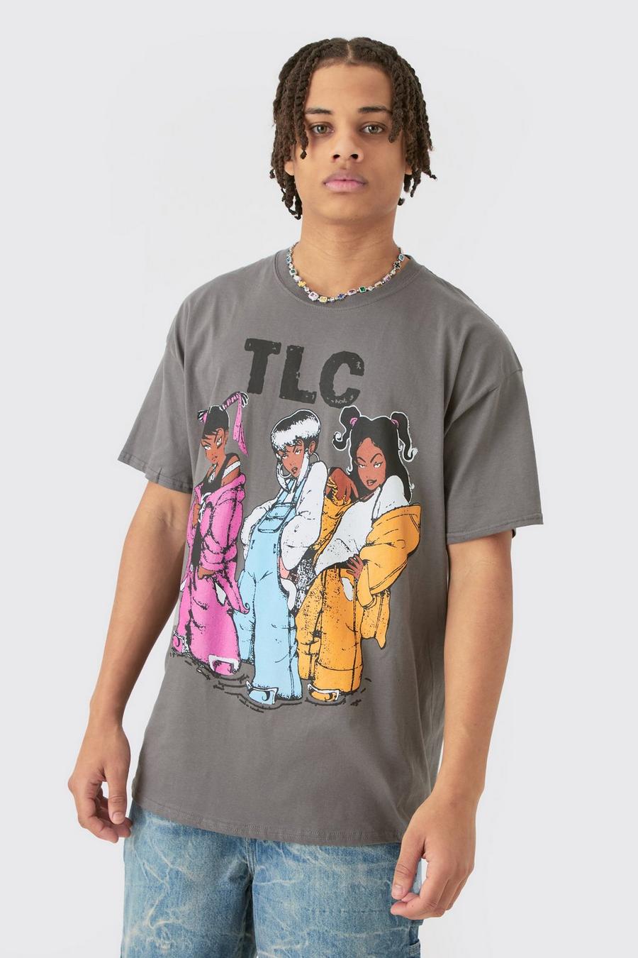 Camiseta oversize con lavado a la piedra y estampado de TLC, Charcoal image number 1