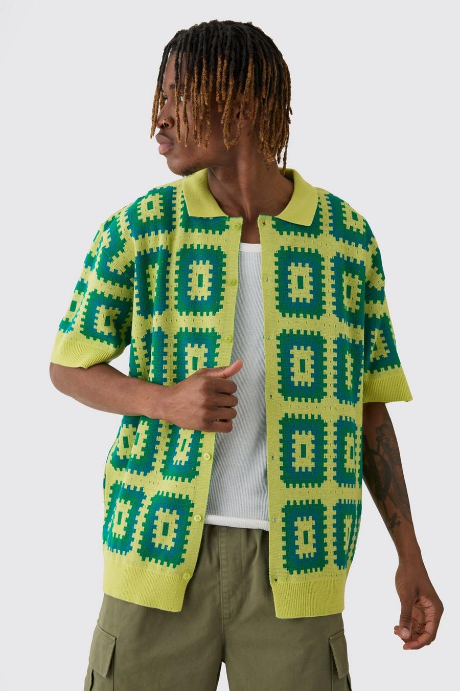 Green Tall Oversized Crochet Revere Shirt image number 1