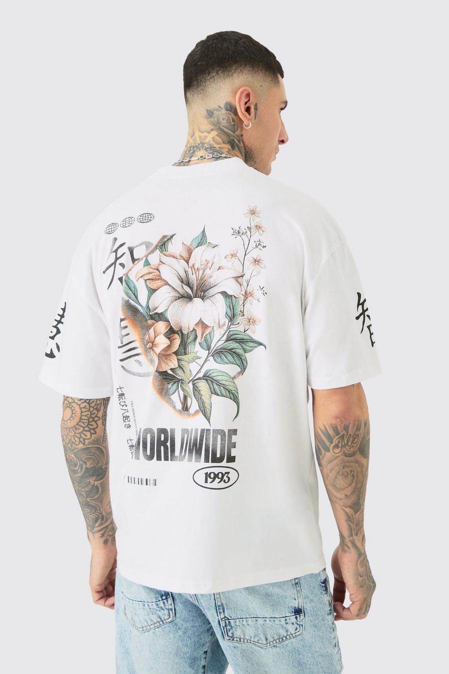 T-shirt Tall bianca con stampa a fiori sulle maniche, White