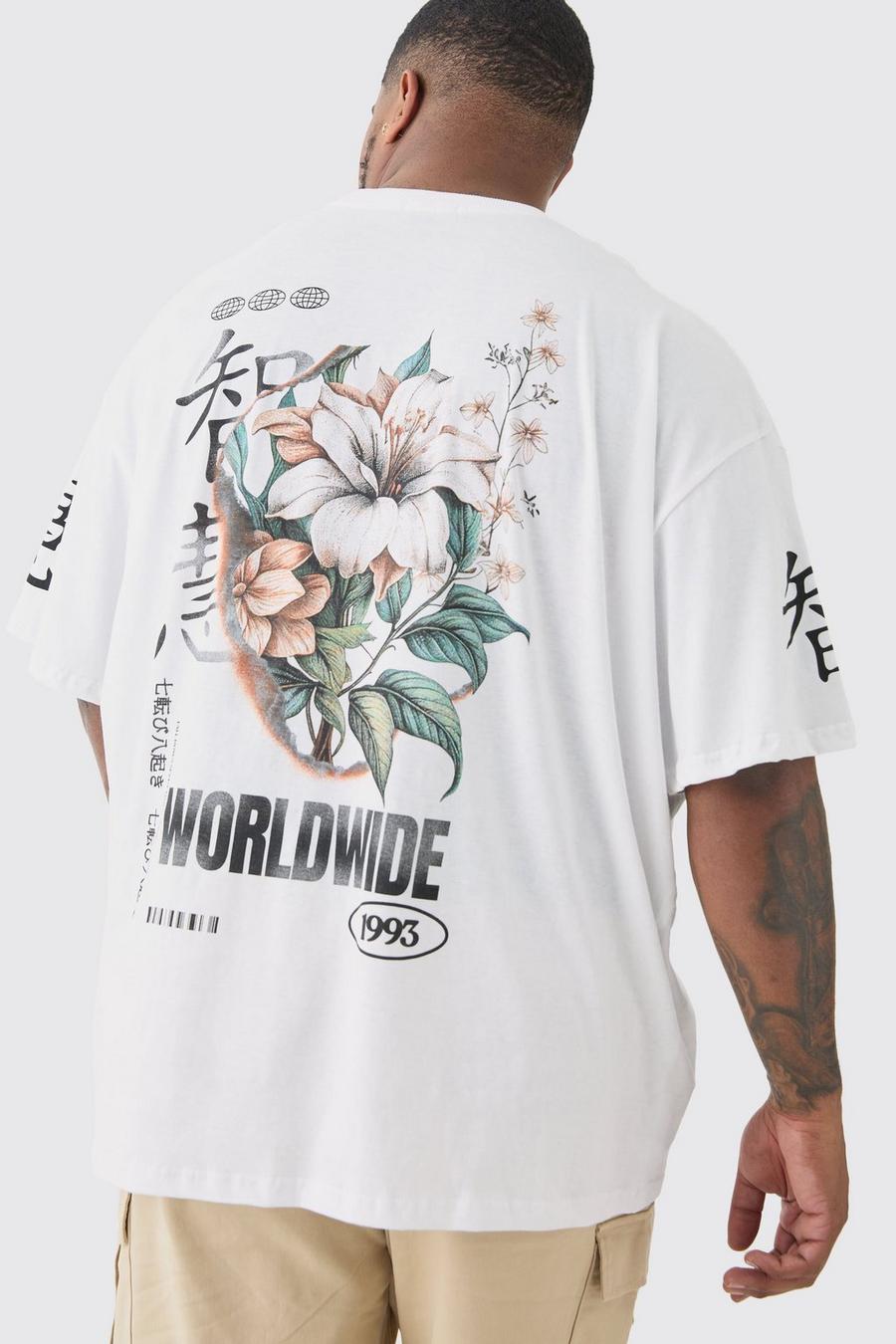 Plus T-Shirt mit floralem Ärmel-Print in Weiß, White image number 1