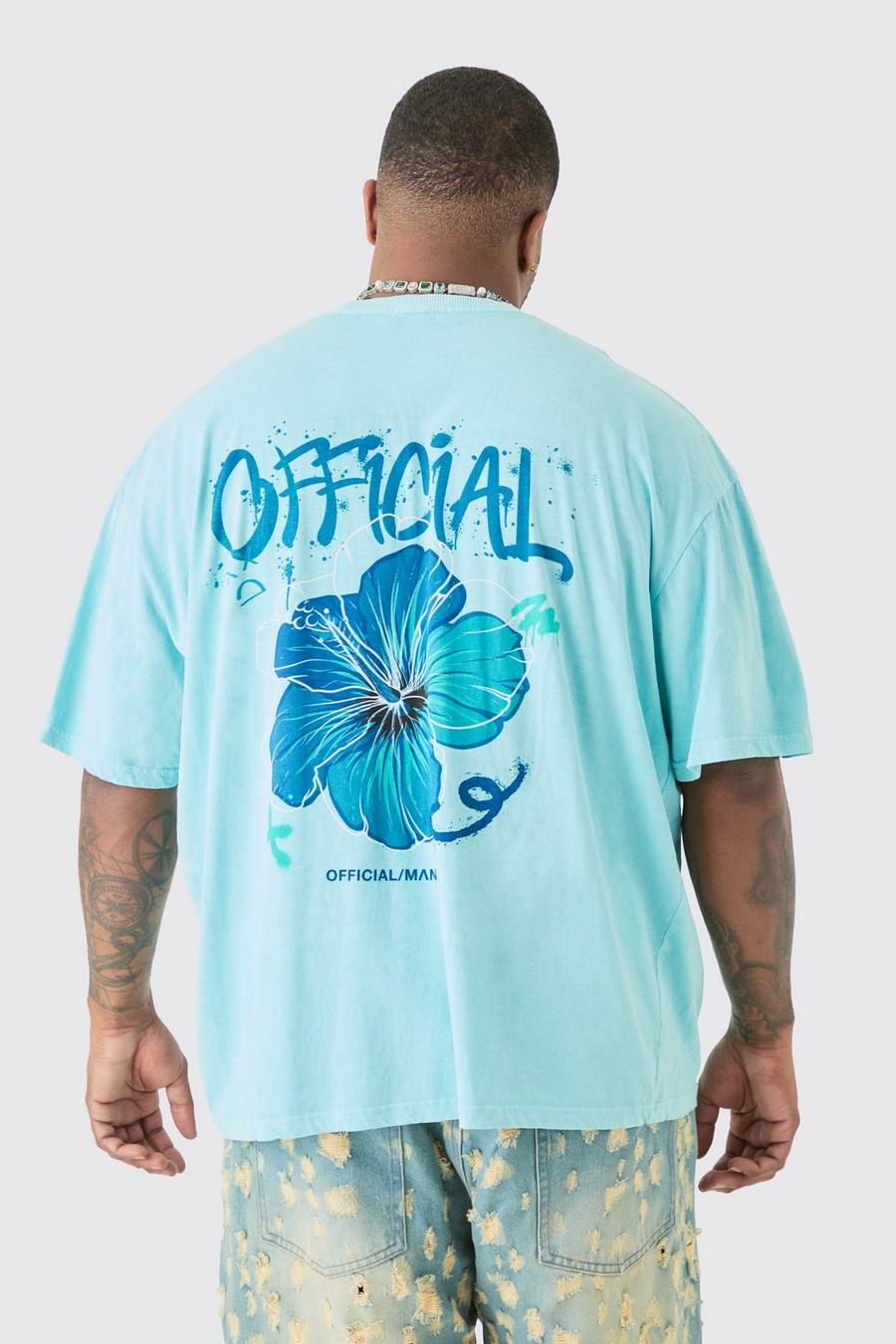 Plus blaues T-Shirt mit floralem Official Print, Blue