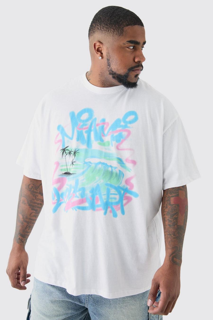 T-shirt Plus Size bianca con scritta Miami e ghirigori, White image number 1