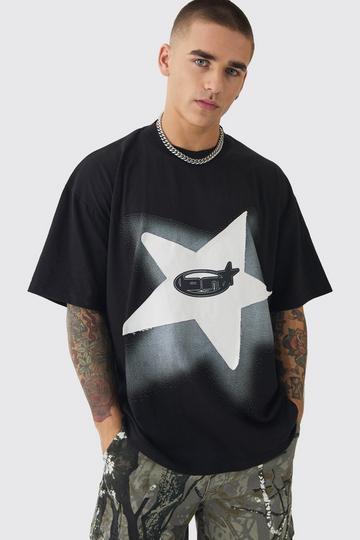 Oversized Extended Neck Star Applique Graphic T-shirt black