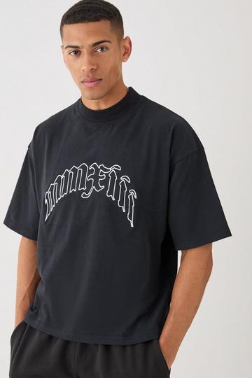 Oversized Boxy Extended Neck Peached Heavyweight Line Drawning T-shirt black