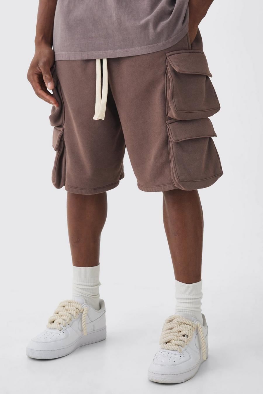 Chocolate Relaxed Double Cargo Pocket Long Length Washed Shorts
