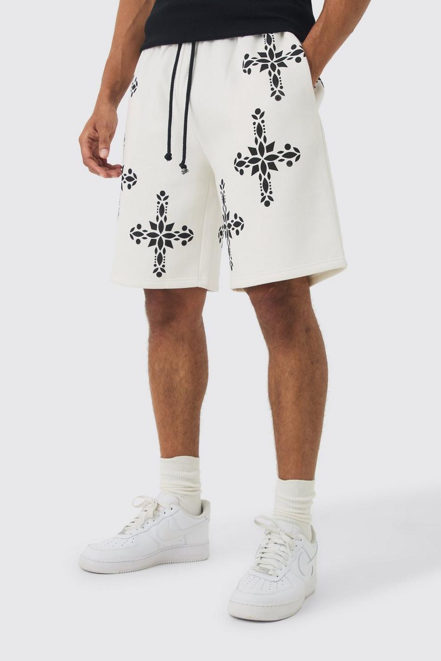 Ecru Oversized Mid Length Cross Print Shorts