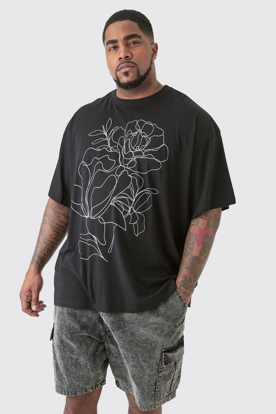 Plus Mono Floral Stencil Printed T-shirt In Black image number 1