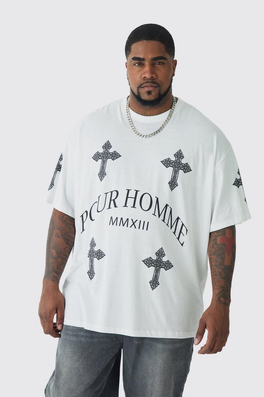 Plus Pour Homme Cross Printed T-shirt In White image number 1