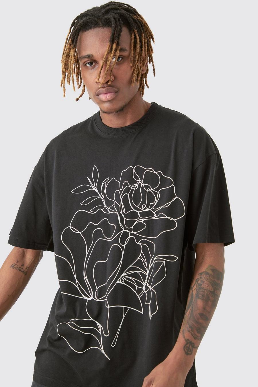T-shirt Tall nera con stampa di stencil a fiori monocromatici, Black