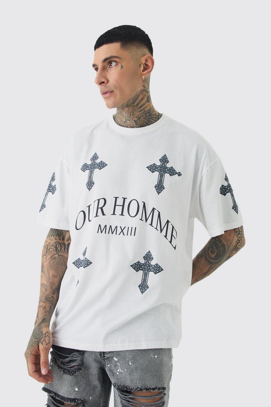 Tall Pour Homme Cross Printed T-shirt In White image number 1