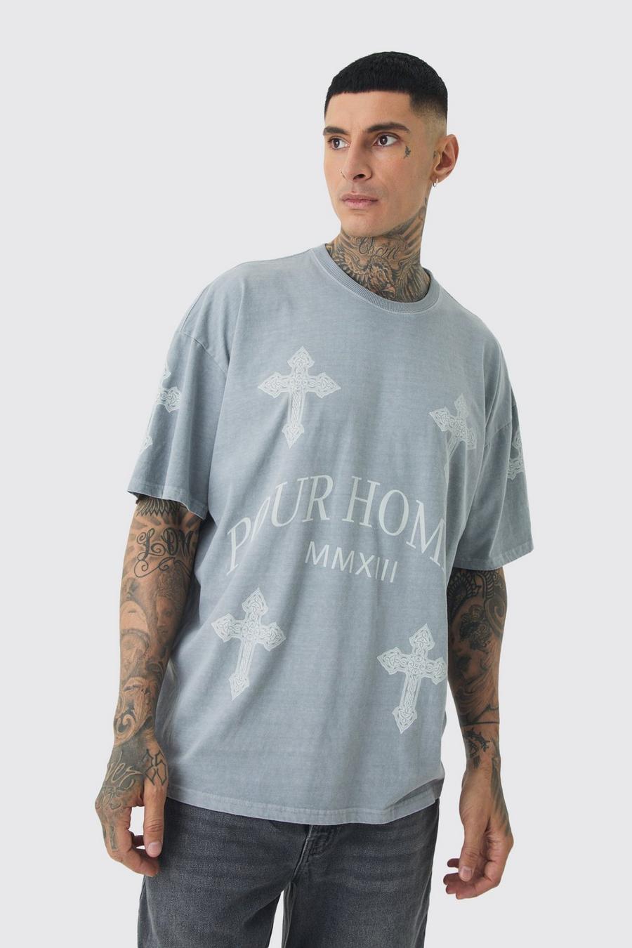 Tall Pour Homme Cross Printed T-shirt In Grey image number 1