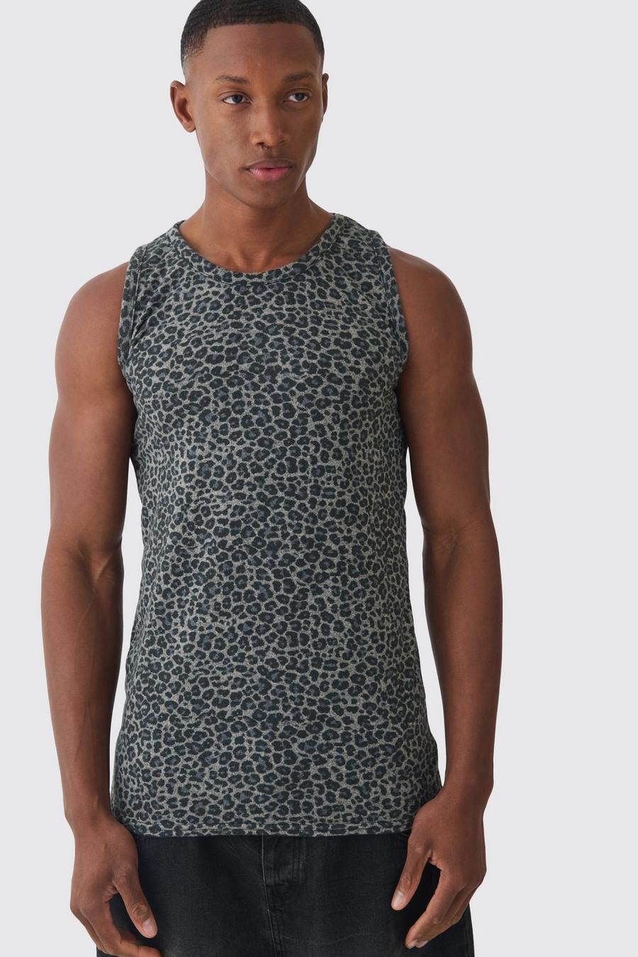Brown Muscle Fit Leopard Print Vest