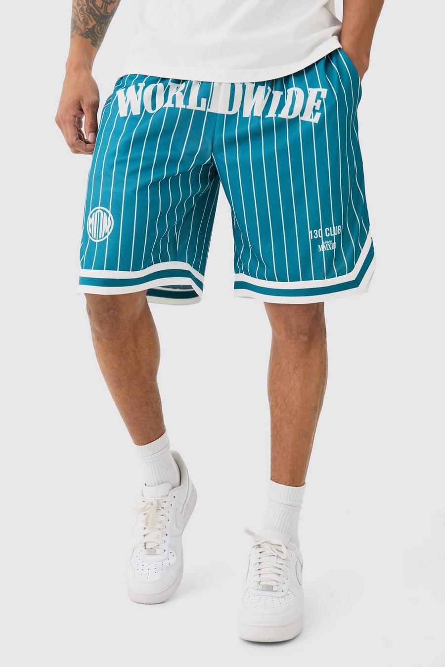 Green Worldwide Stripe Mesh Basketball Shorts image number 1