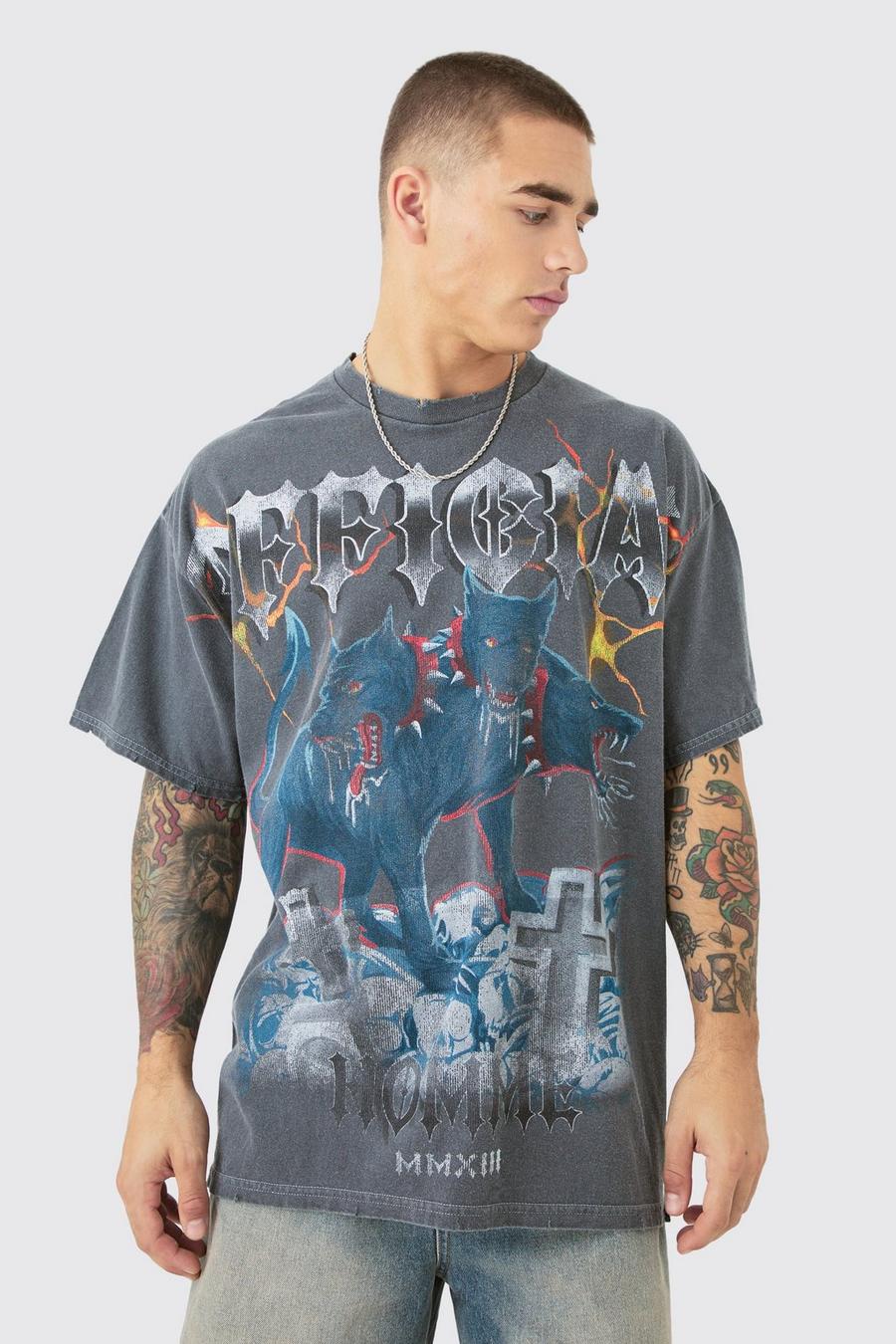 Camiseta oversize rota con estampado gráfico Offcl Homme, Charcoal