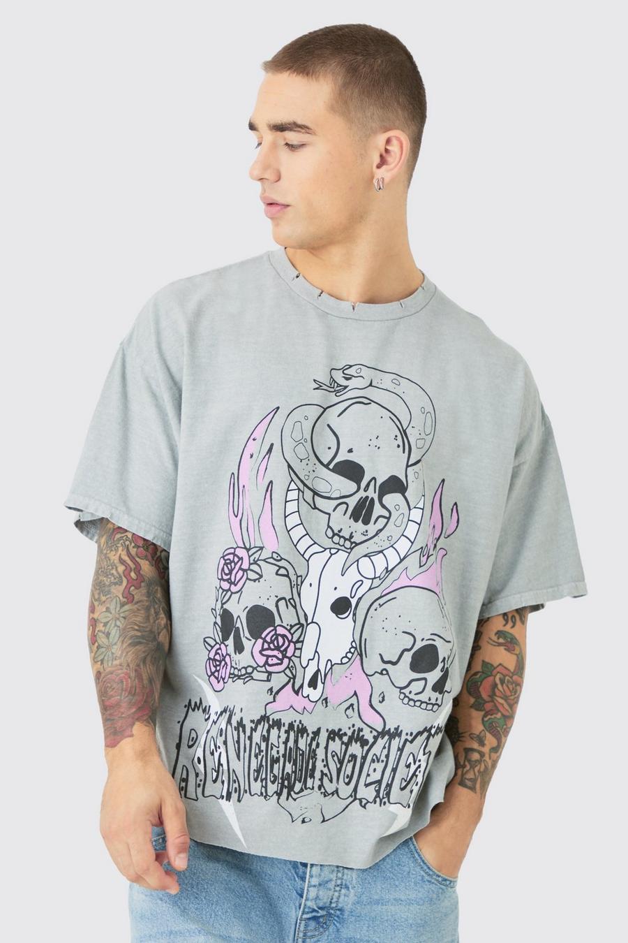 T-shirt oversize délavé à imprimé crâne, Charcoal