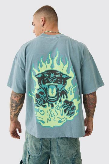 Oversized Extended Neck Boxy Flame Panther Back Print T-shirt green