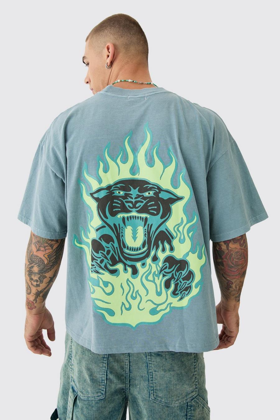 T-shirt squadrata oversize con grafica di pantera, fiamme e girocollo esteso, Green