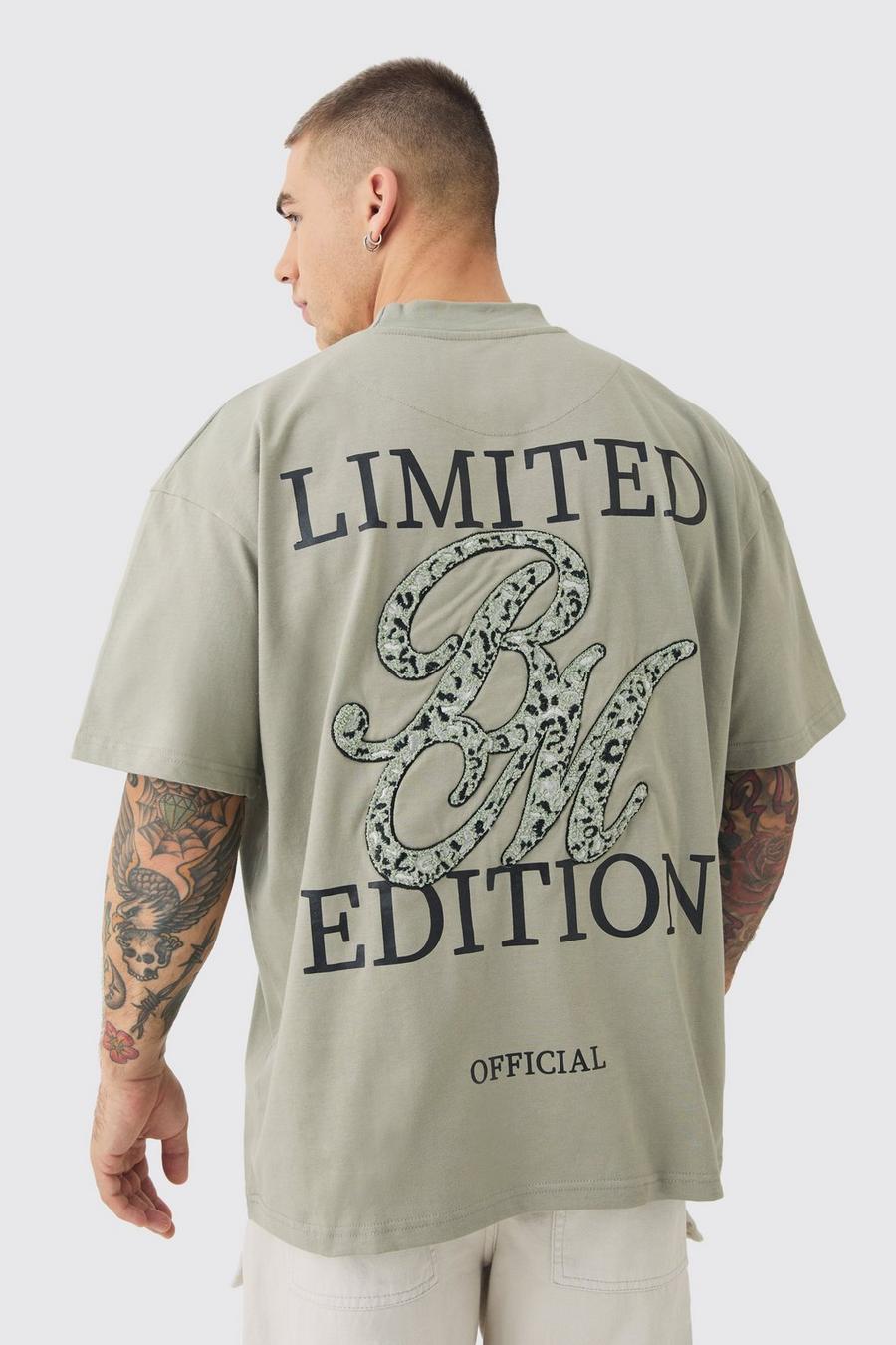 Khaki Oversized Extended Neck Heavyweight Leopard Applique T-shirt image number 1
