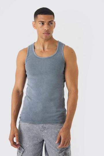 Muscle Fit Ribbed Acid Wash Tank Top charcoal