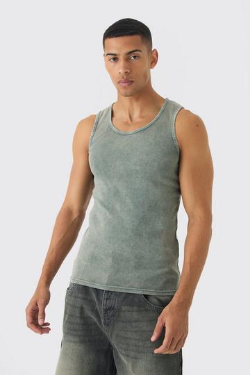 Muscle Fit Ribbed Acid Wash Tank Top dark green