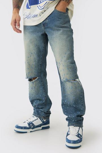 Relaxed Rigid Distressed Knee Slit Jeans antique blue