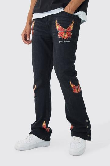 Slim Rigid Flare Popper Hem Graphic Butterfly Jeans washed black