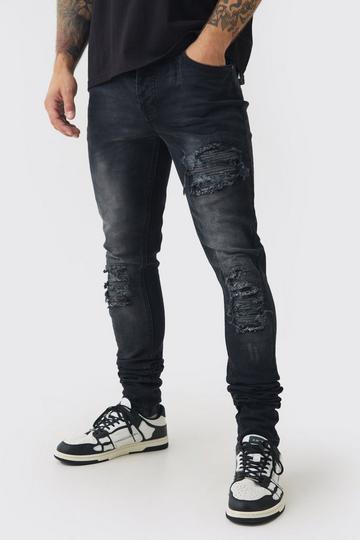 Skinny Stretch Stacked Biker Rip & Repair Jeans true black