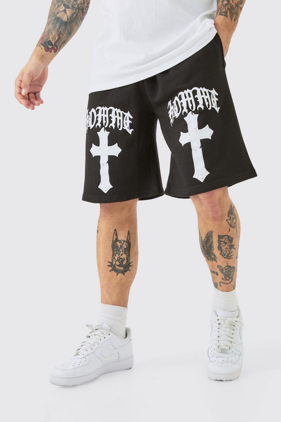 Black Oversized Homme Gothic Cross Print Short