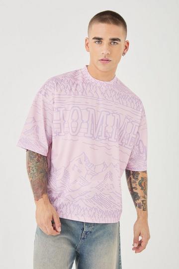 Pink Oversized Extended Neck Boxy Homme Worldwide Mesh Print T-shirt