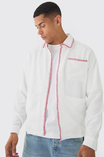 Linen Contrast Stitch Overshirt white