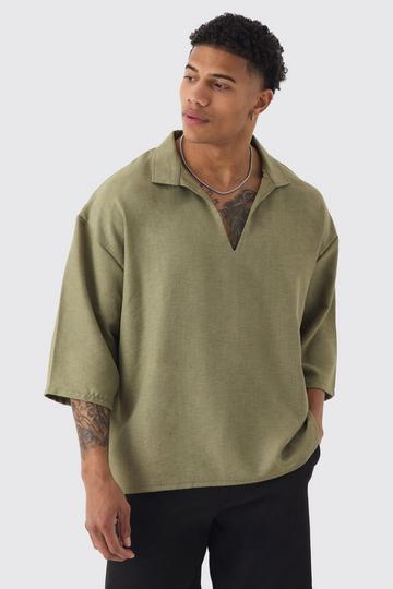 Khaki Linen V-neck Oversized Shirt