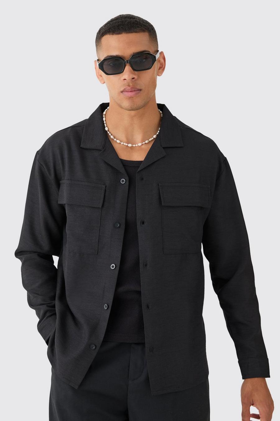 Black Oversized Linen Long Sleeve Revere Step Hem Shirt image number 1