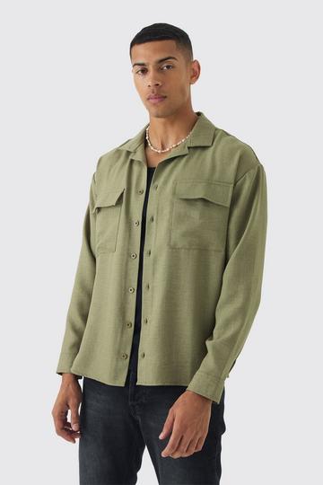 Khaki Oversized Linen Long Sleeve Revere Step Hem Shirt