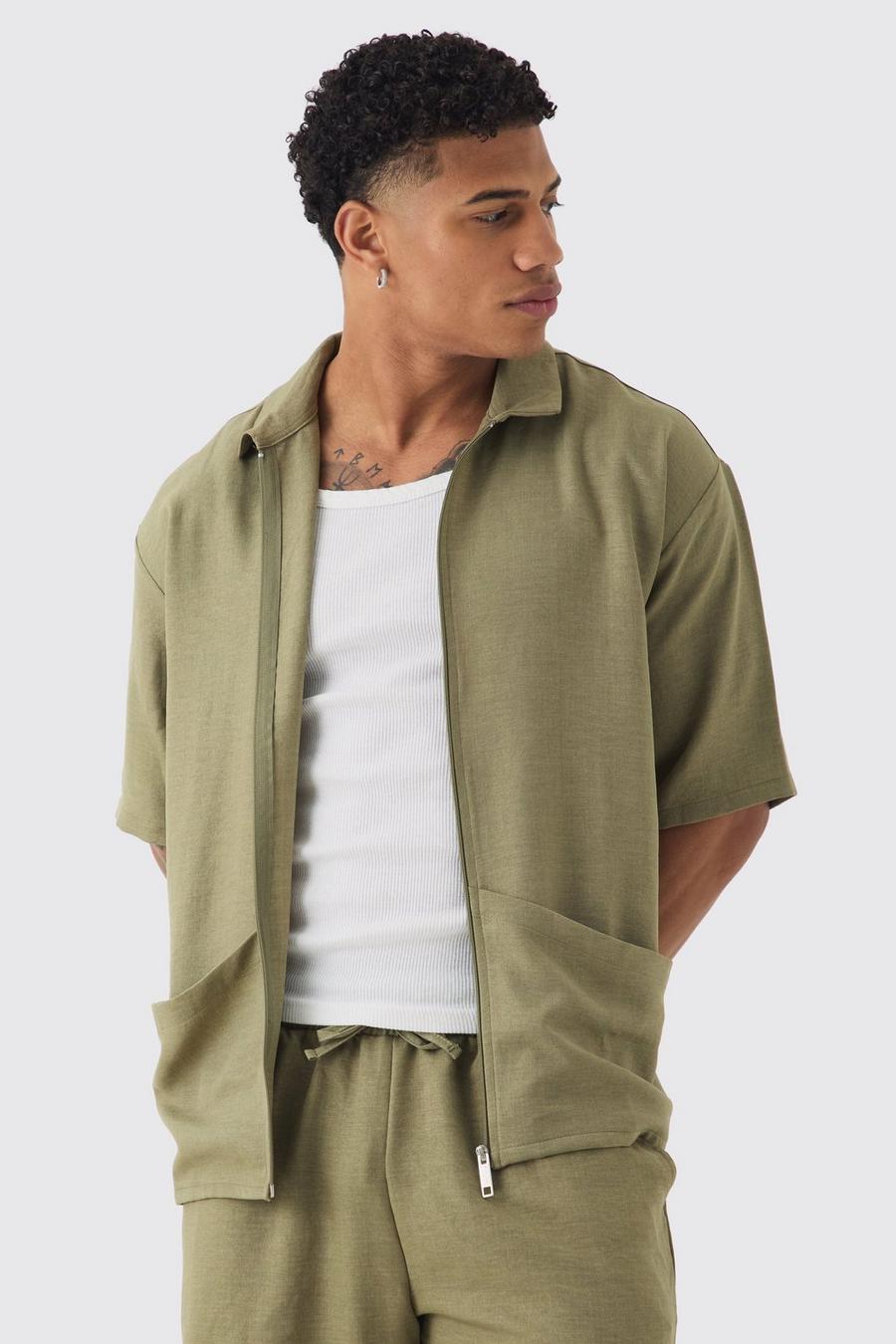 Khaki Oversized Linen Deep Pocket Shirt 