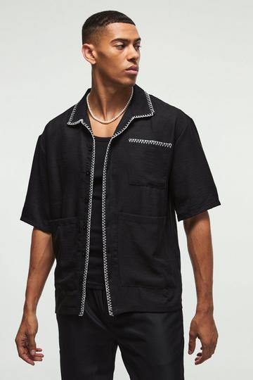 Black Oversized Linen Contrast Cross Stitch Shirt