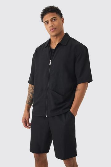 Black Oversized Linen Deep Pocket Shirt & Short Set