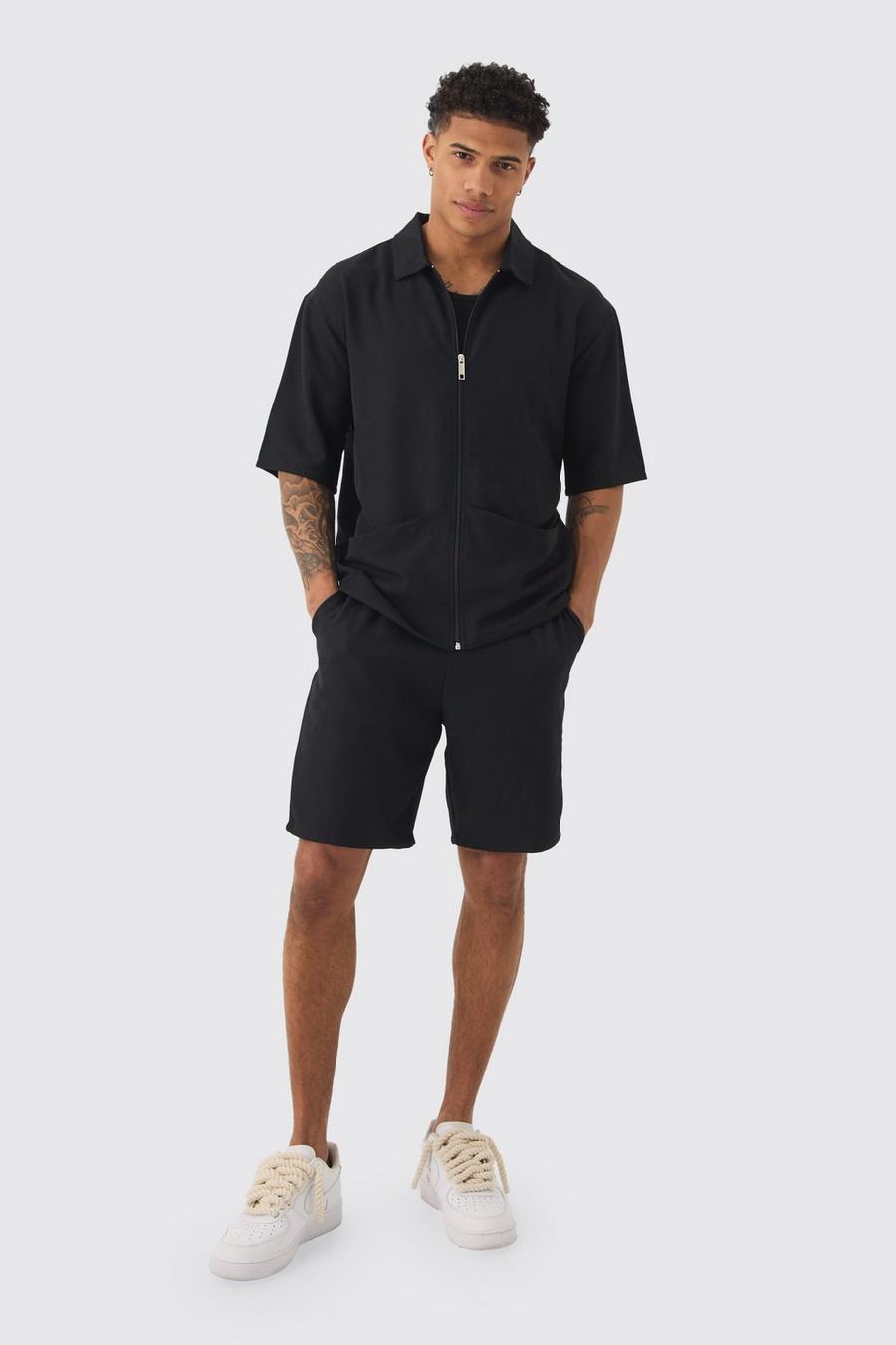 Black Oversized Linen Deep Pocket Shirt & Short Set image number 1